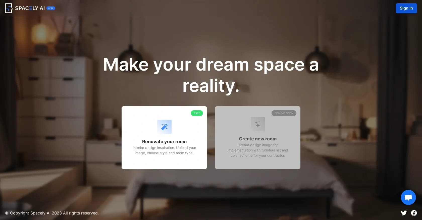 Spacely homepage screenshot — Make your dream space a reality.