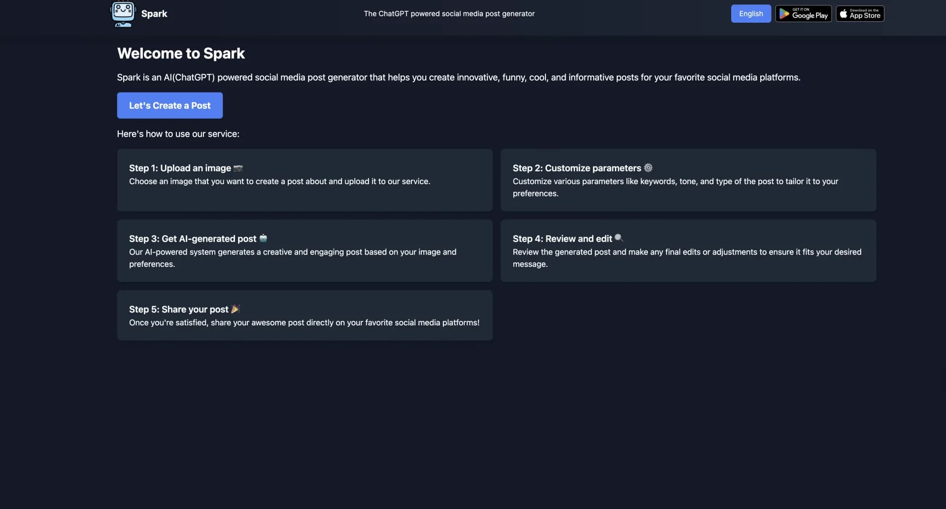 Spark App homepage screenshot — AI-powered social media posts from your images.