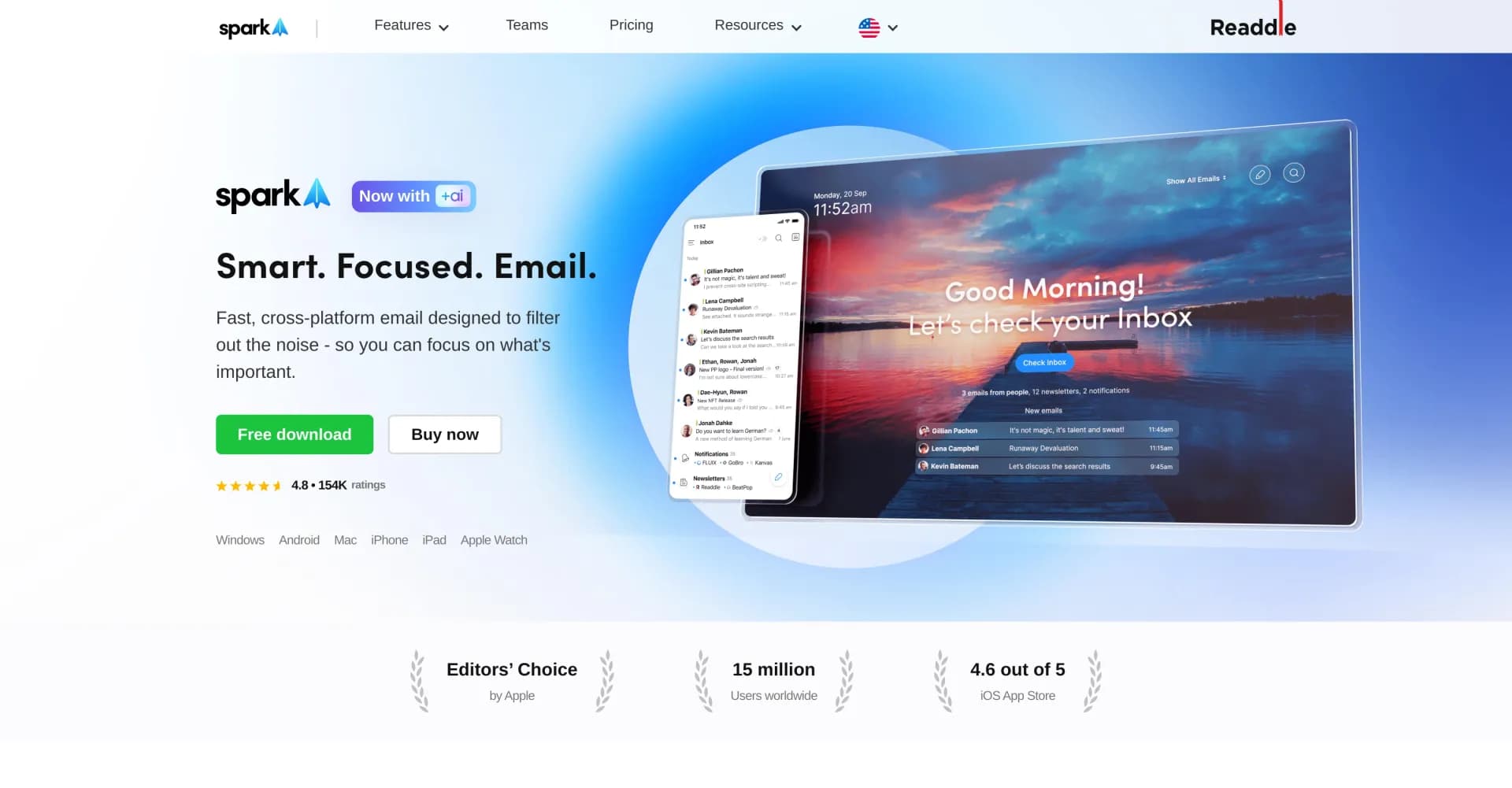 Spark Mail homepage screenshot — Take control of your inbox with smart email.