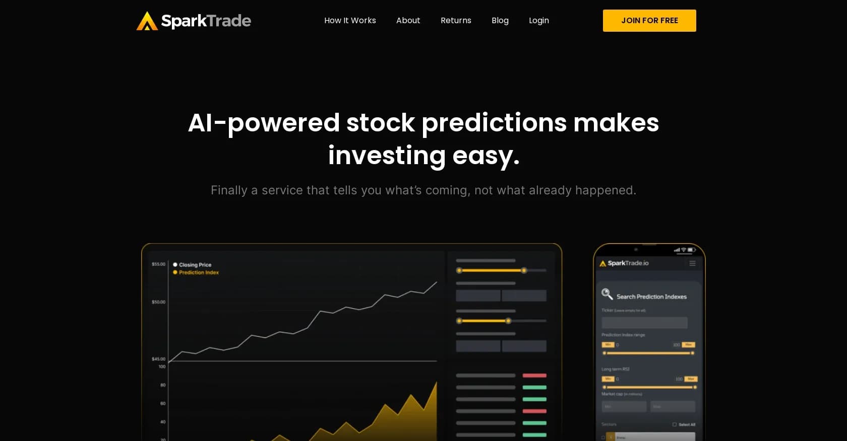 Sparktrade homepage screenshot — AI-powered stock predictions for winning trades