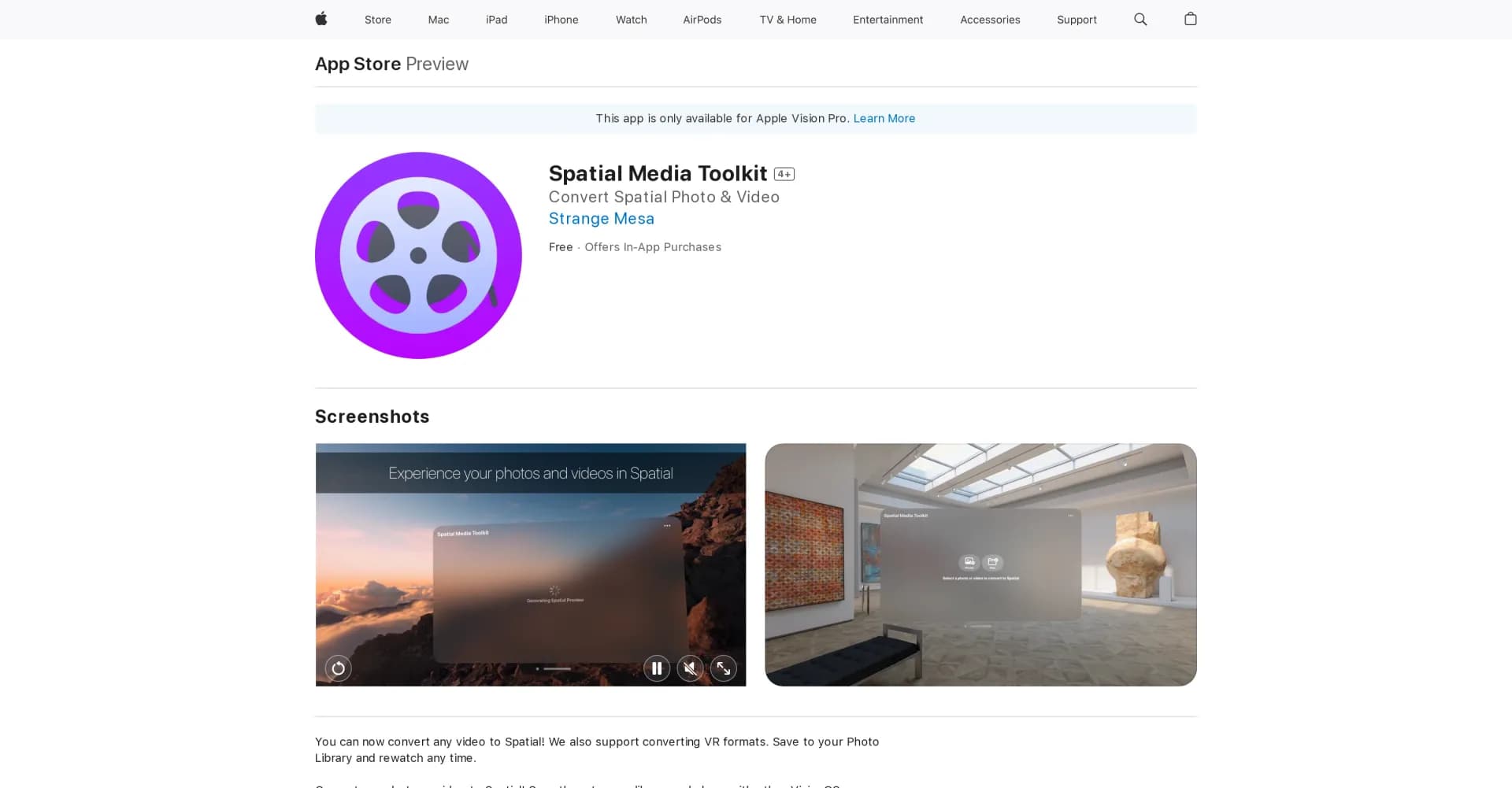 Spatial Media Toolkit homepage screenshot — Enjoy Spatial Media on your Apple devices.