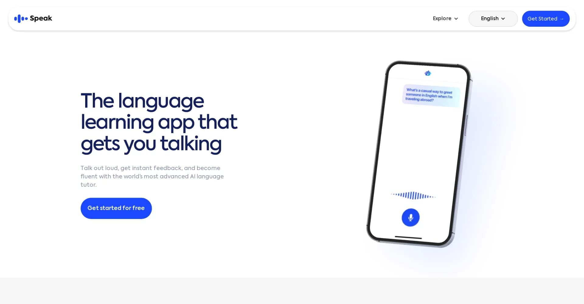 Speak.com homepage screenshot — Talk out loud and get instant feedback from AI.