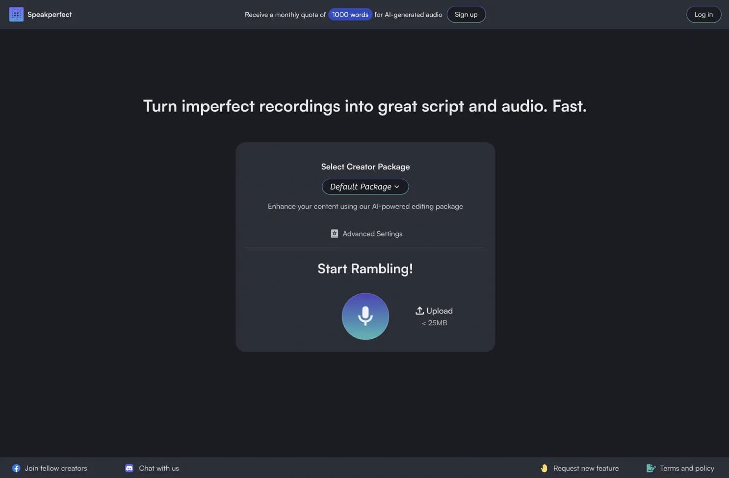 SpeakPerfect homepage screenshot — Turn rambles into perfect speech