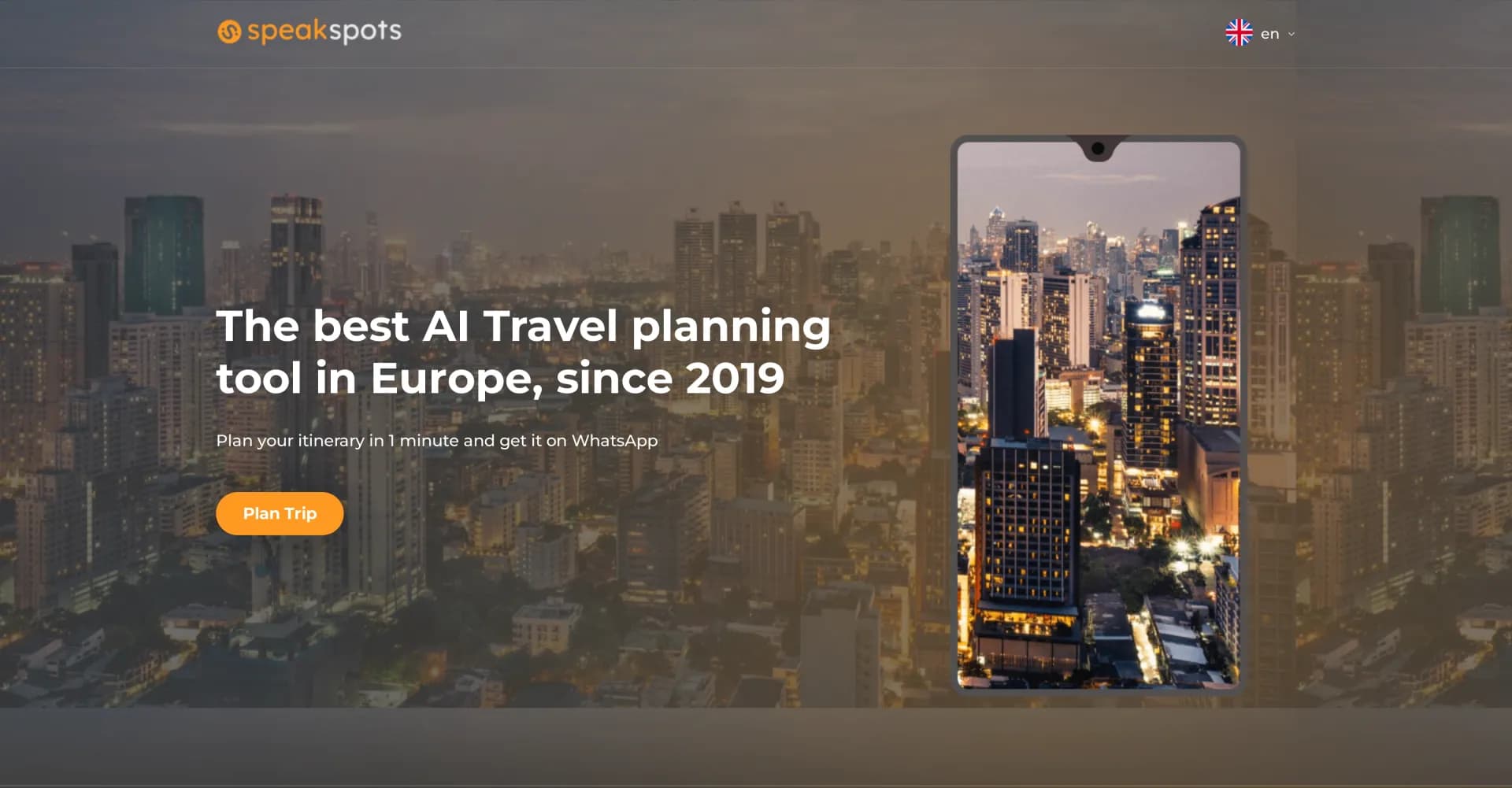 SpeakSpots homepage screenshot — Plan your trip in 1 minute via WhatsApp, for free.