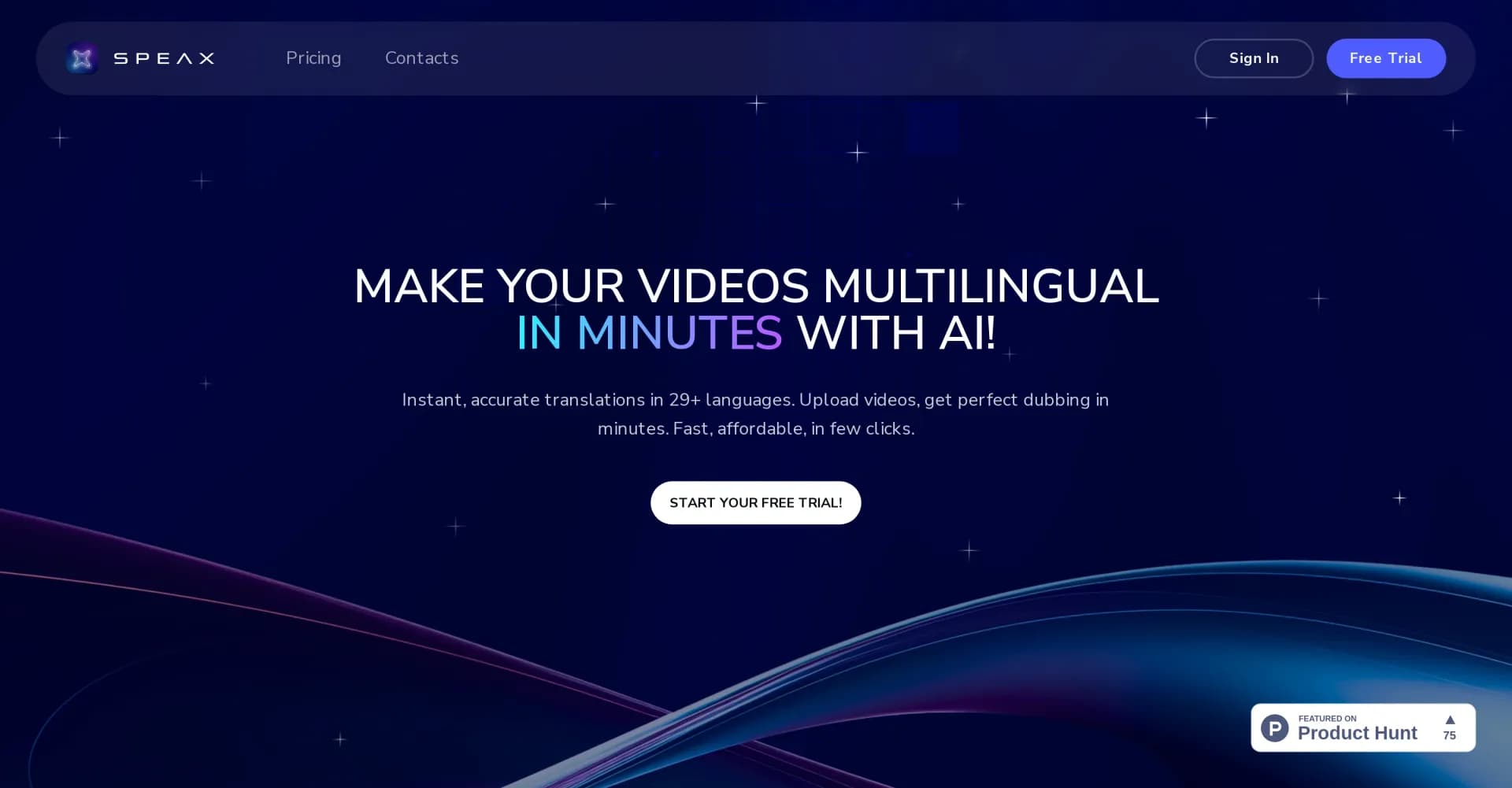 SPEAX homepage screenshot — Make videos multilingual in minutes with AI dubbing.