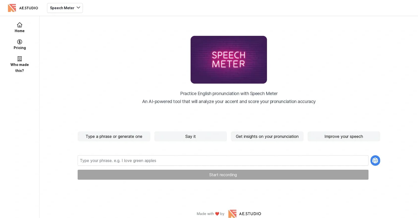 Speech Meter homepage screenshot — AI-powered accent analysis for perfect pronunciation