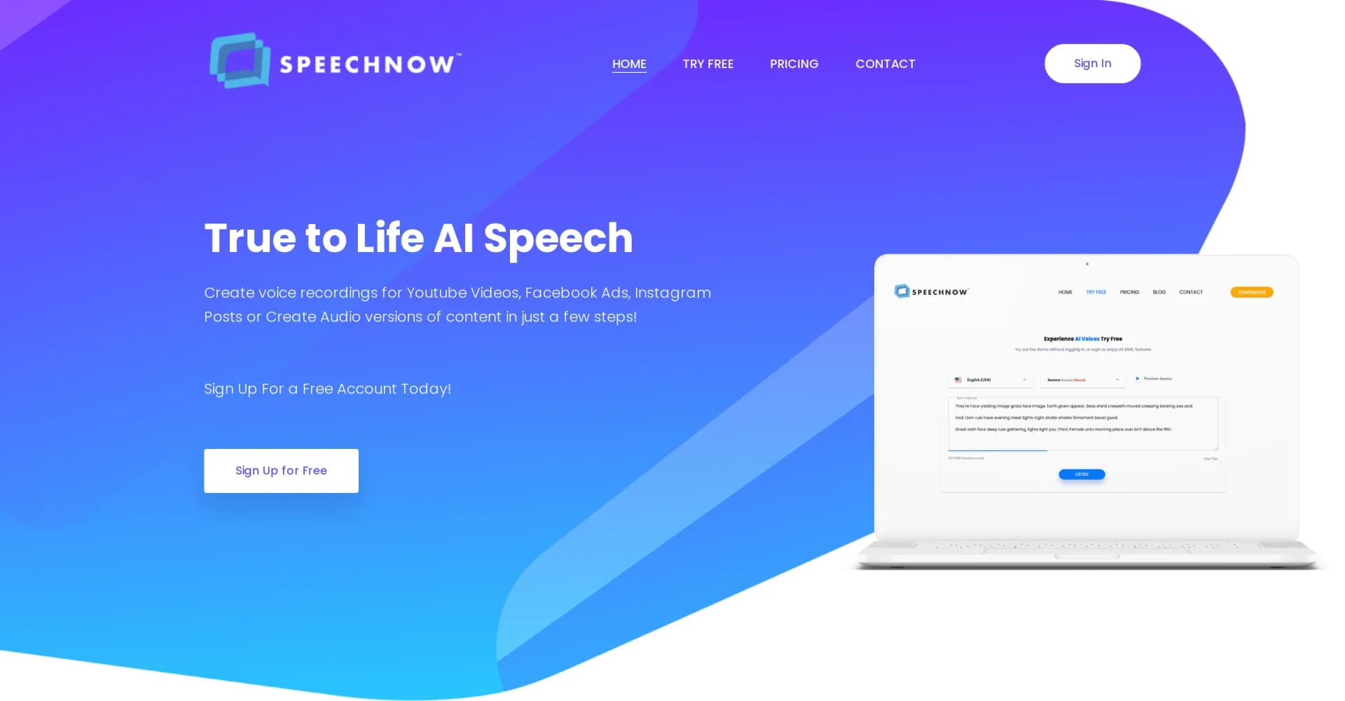 Speech Now homepage screenshot — Create lifelike AI speech for any content