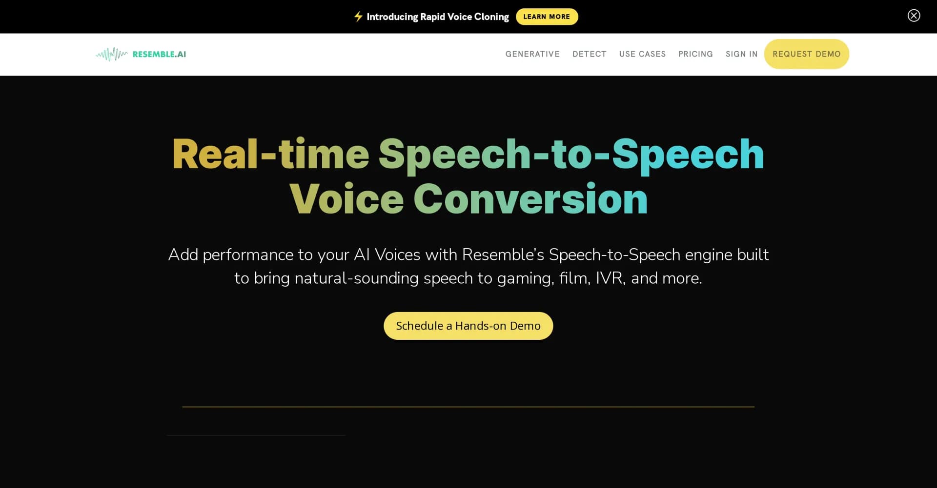 Resemble AI - Real-time Speech-to-Speech Voice Conver... homepage screenshot — Transform your voice instantly with AI.