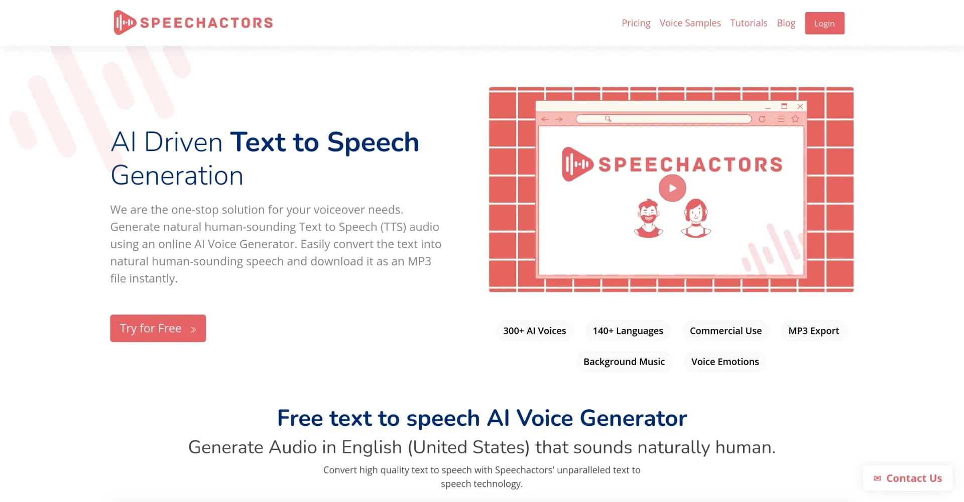 Speechactors homepage screenshot — Bring words to life with AI-powered voiceovers.