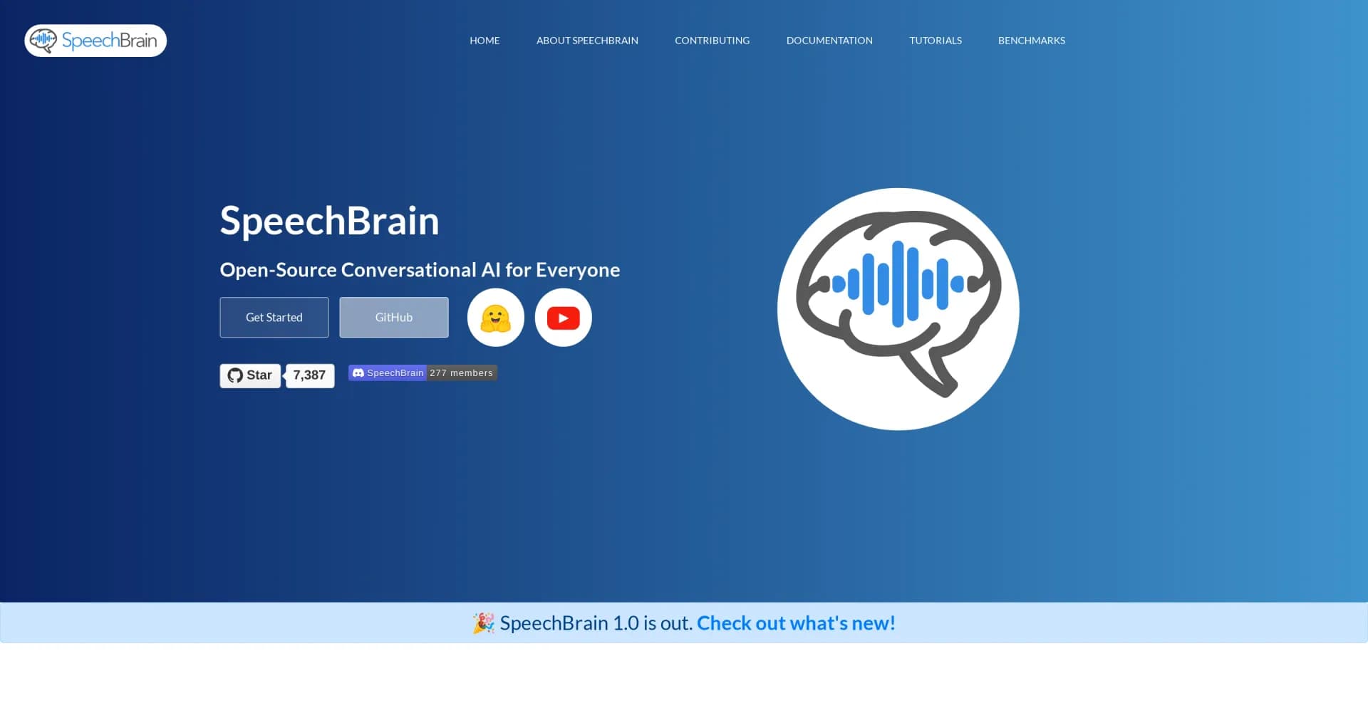SpeechBrain homepage screenshot — Open-source conversational AI for everyone
