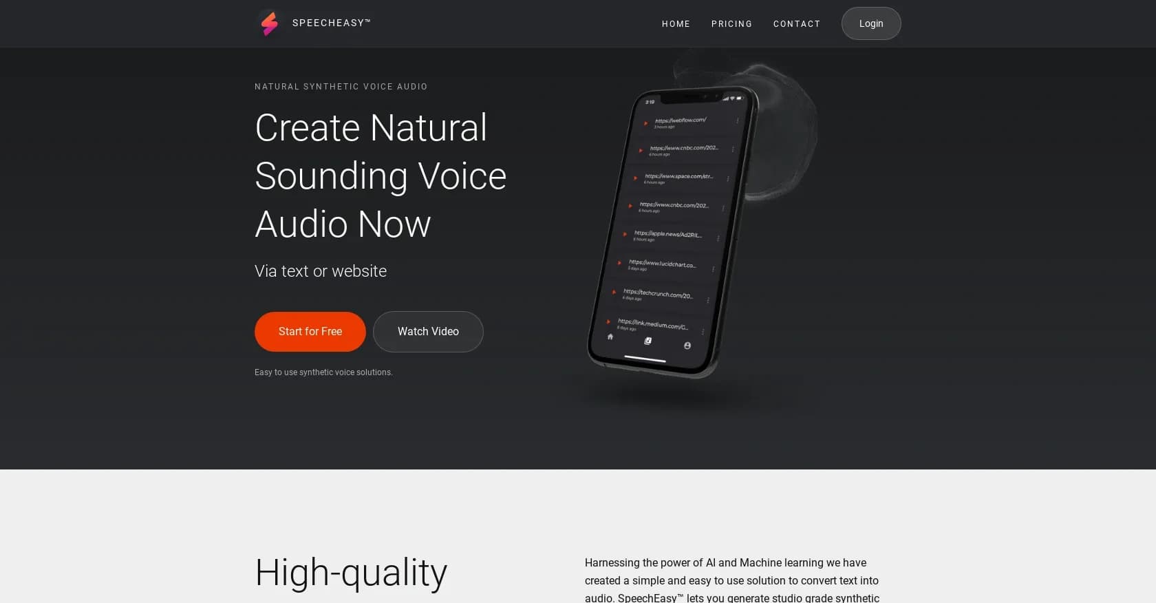 SpeechEasy homepage screenshot — Create natural-sounding voice audio from text or websites.