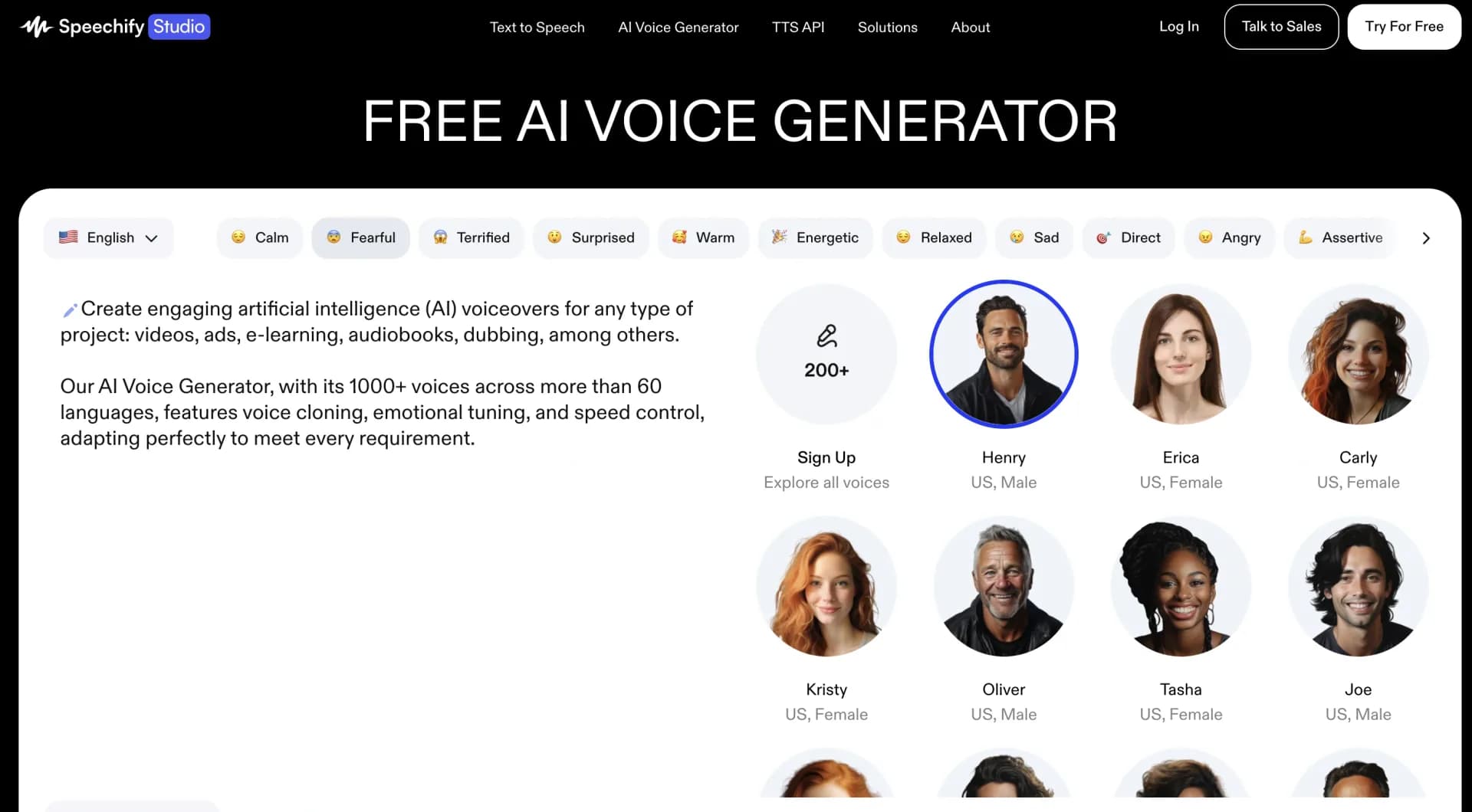 Speechify Studio homepage screenshot — Transform text into lifelike speech with AI voices.