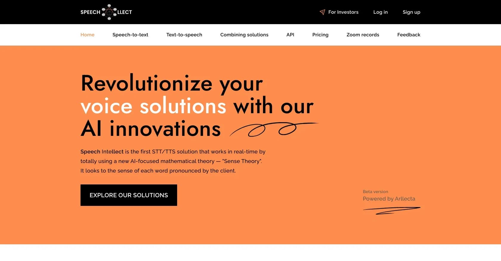 Speechllect homepage screenshot — Revolutionize voice solutions with real-time AI speech proce