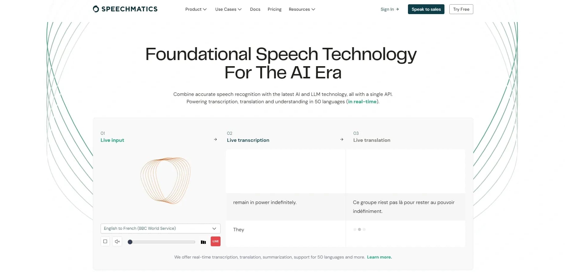 Speechmatics homepage screenshot — Transcribed audio analysis for content search.