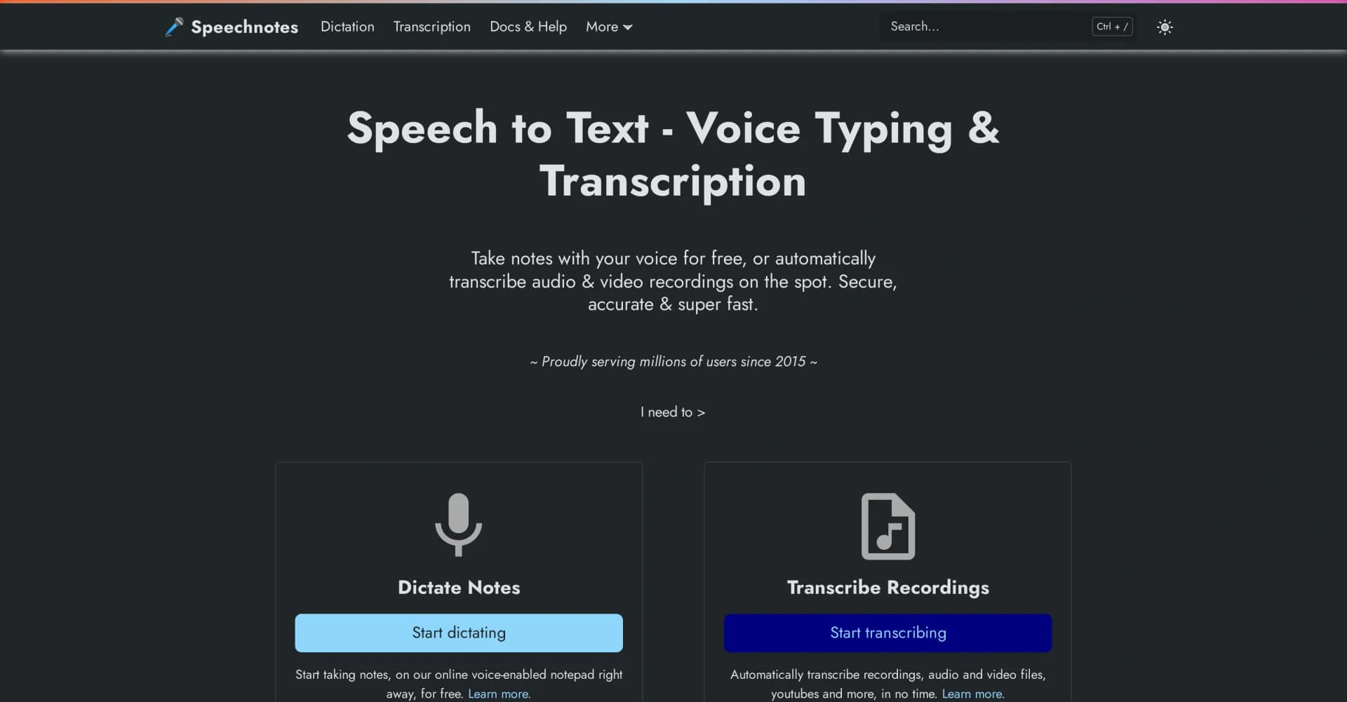 Speechnotes homepage screenshot — Convert speech to text online instantly