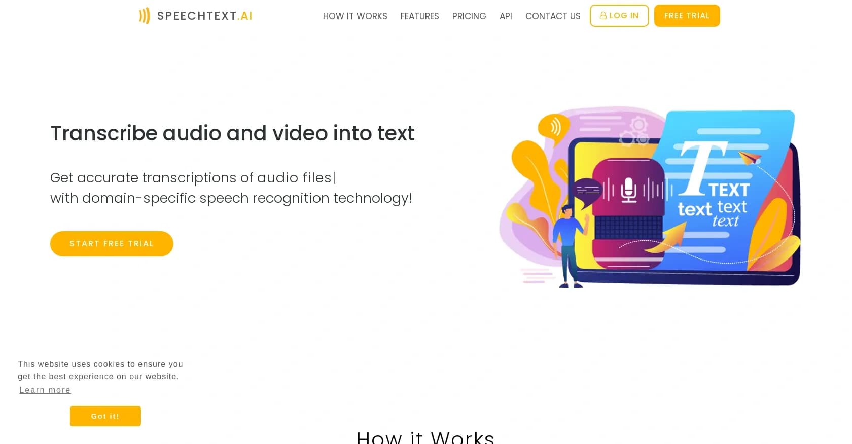 SpeechText homepage screenshot — Transcribe audio and video into text with AI