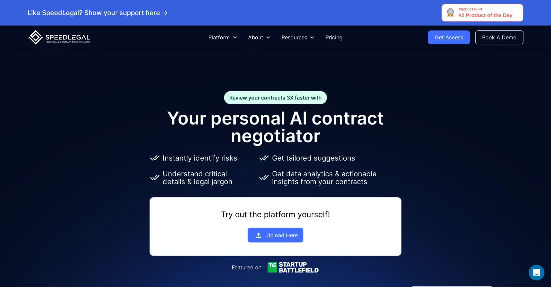 SpeedLegal homepage screenshot — AI-powered contract review for confident negotiations