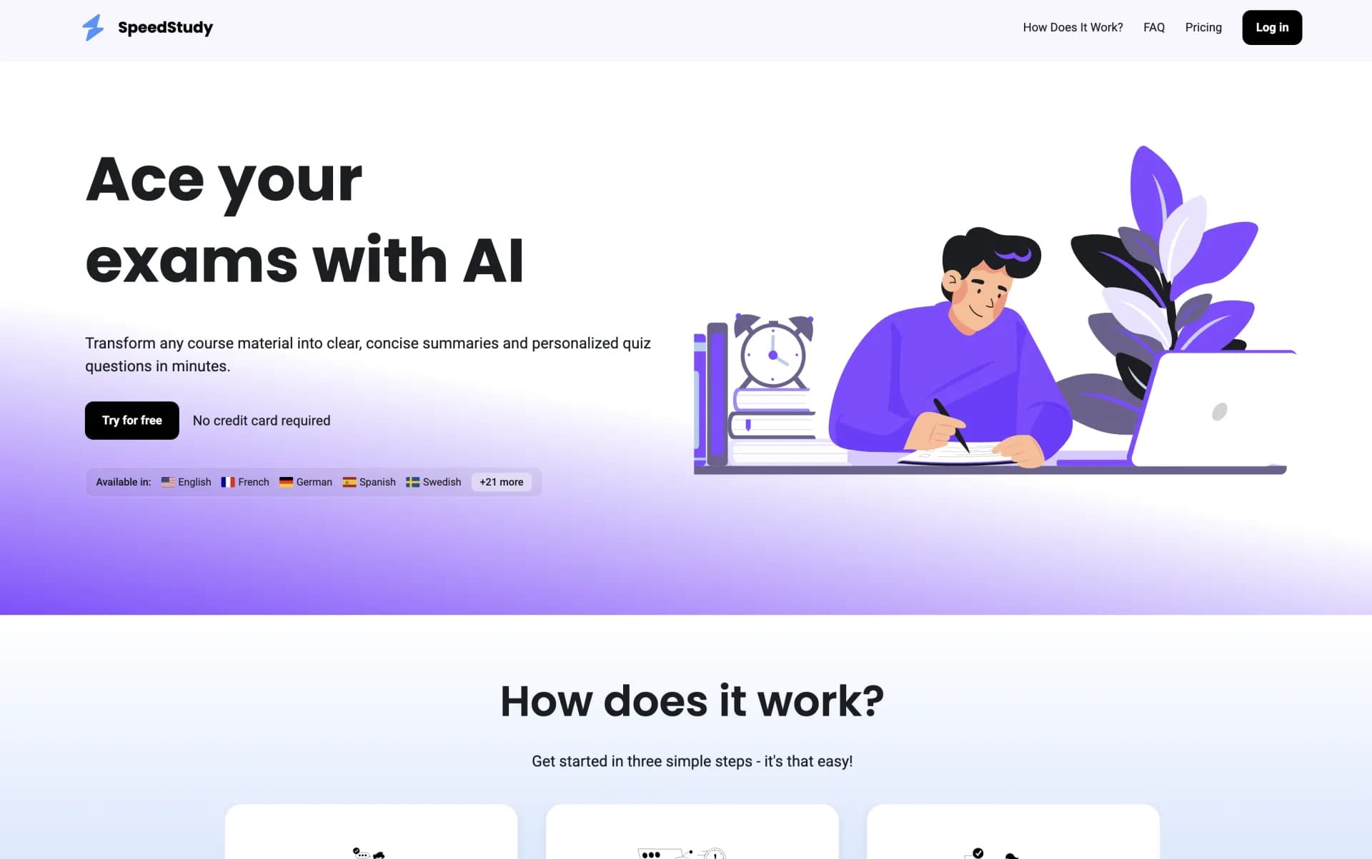 SpeedStudy homepage screenshot — Ace exams with AI-powered study tools.