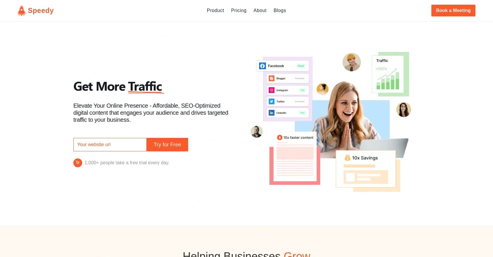 Speedy homepage screenshot — Get SEO-optimized content that drives targeted traffic.