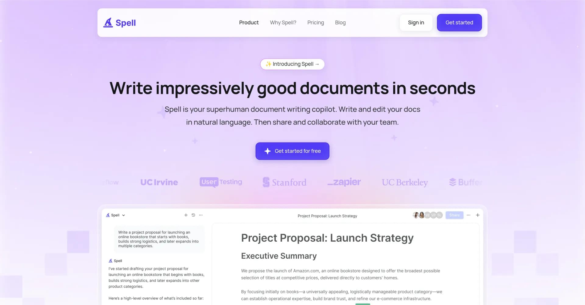 Spell homepage screenshot — AI-powered document writing copilot