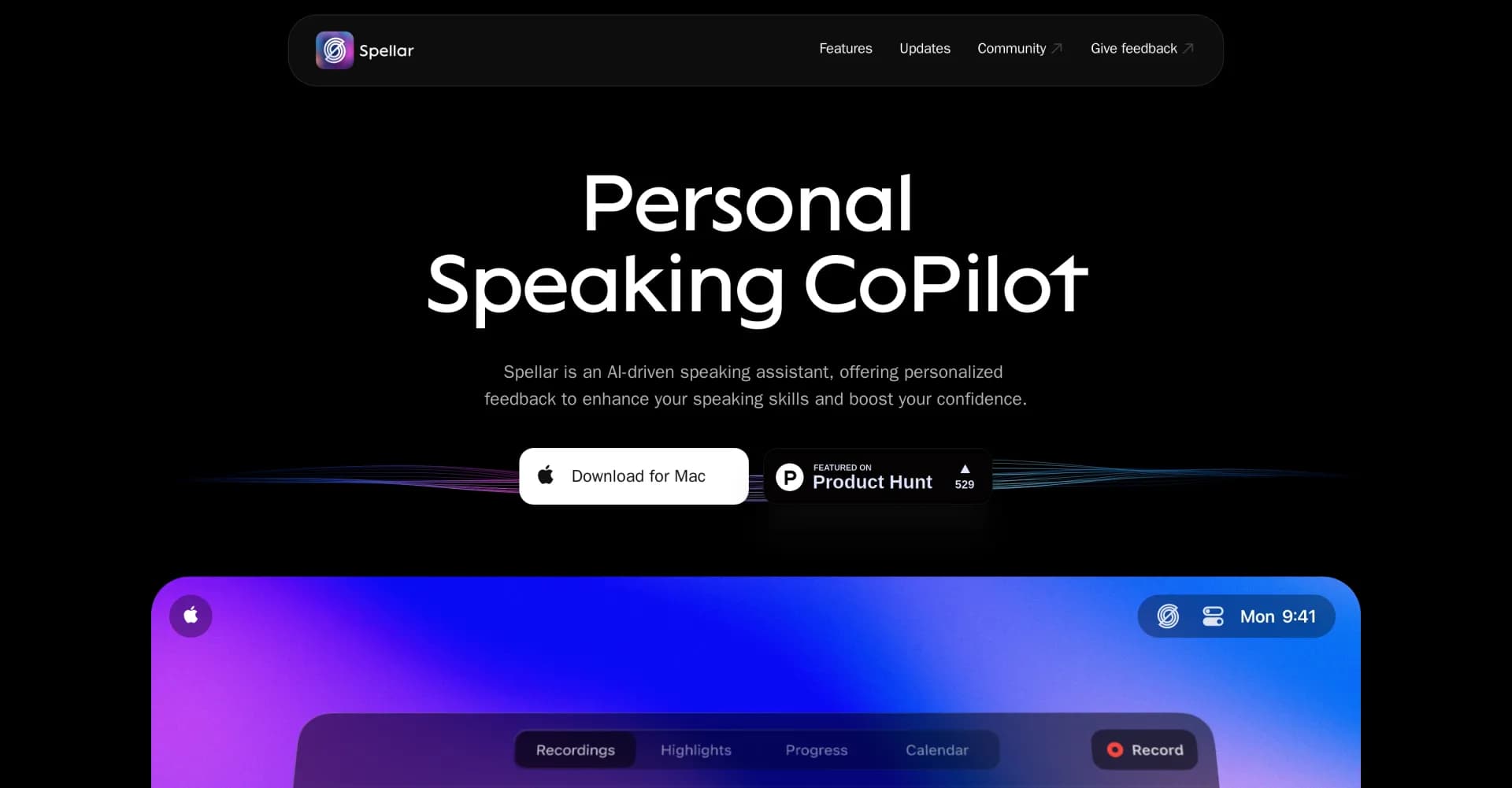 Spellar AI homepage screenshot — AI-driven speaking assistant for personalized skill enhancem