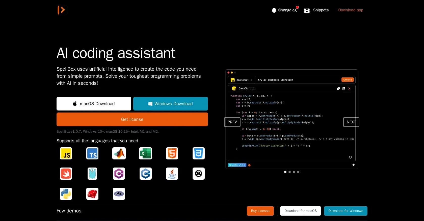 Spellbox homepage screenshot — Create code from prompts with AI in seconds.