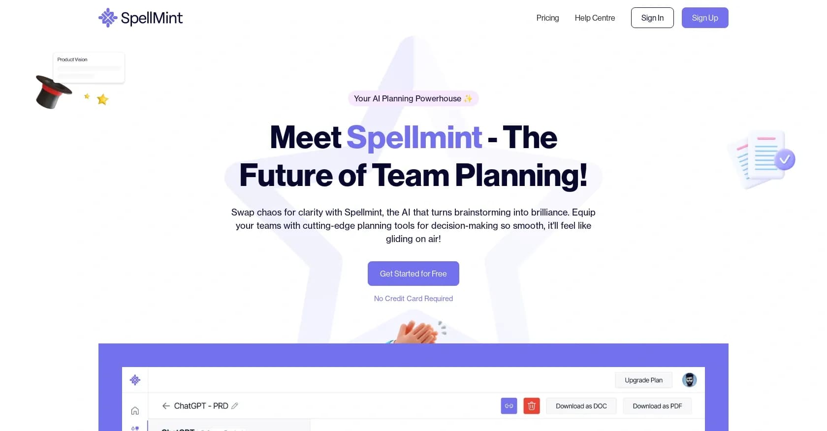 Spellmint homepage screenshot — AI planning powerhouse that turns brainstorming into brillia