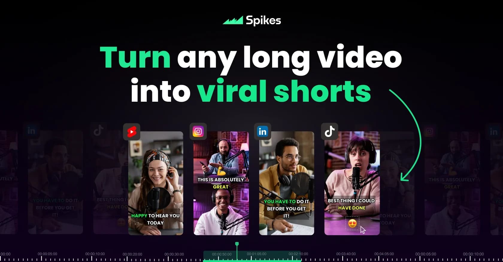 Spikes Studio homepage screenshot — Generated clips for popular social media platforms.
