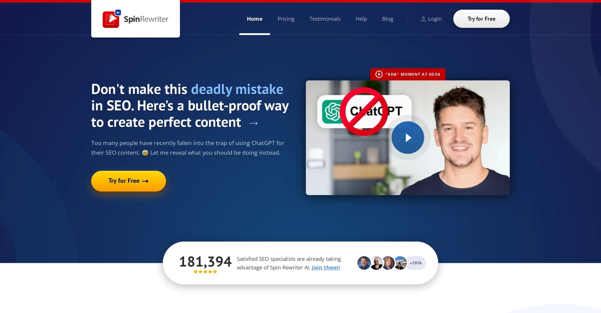 Spin Rewriter homepage screenshot — Rewrite articles into unique, top-quality content.