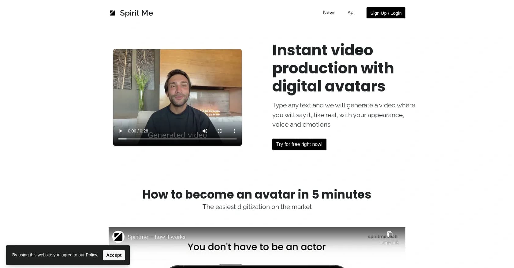 SpiritMe homepage screenshot — Instant video creation with digital avatars