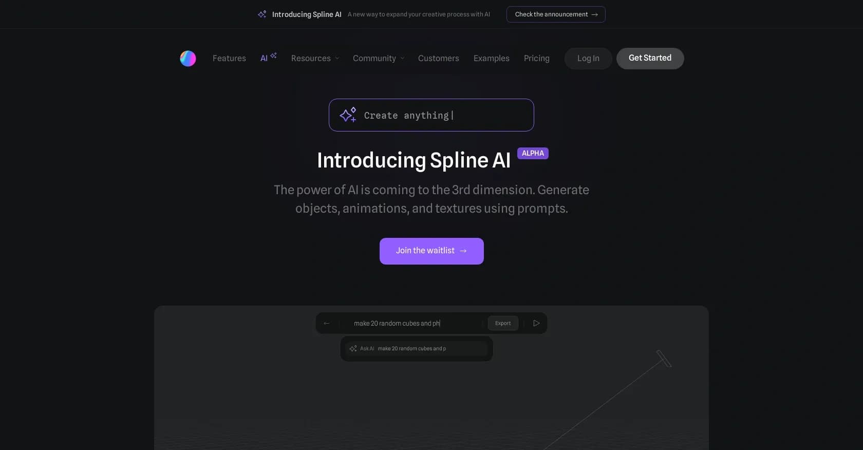 Spline AI (Alpha) homepage screenshot — Generate 3D designs instantly with AI prompts.
