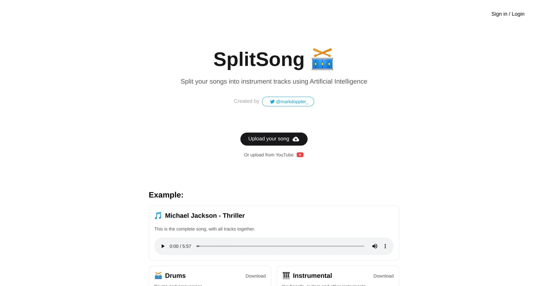 SplitSong homepage screenshot — Split songs into instrument tracks with AI.