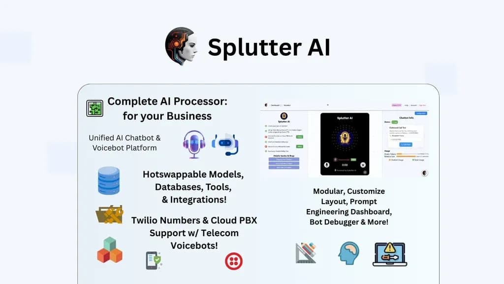 Splutter AIv2.0 homepage screenshot — Website Chatbot & Voicebot w/ Hotswappable Models, Databases