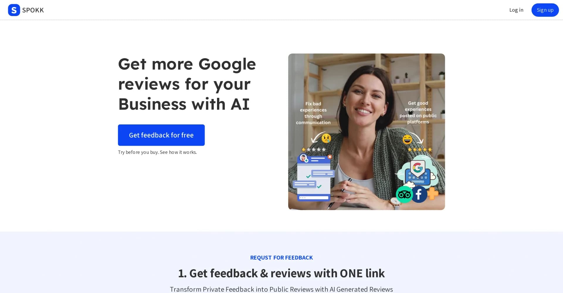 Spokk homepage screenshot — Get more Google reviews with AI-powered feedback