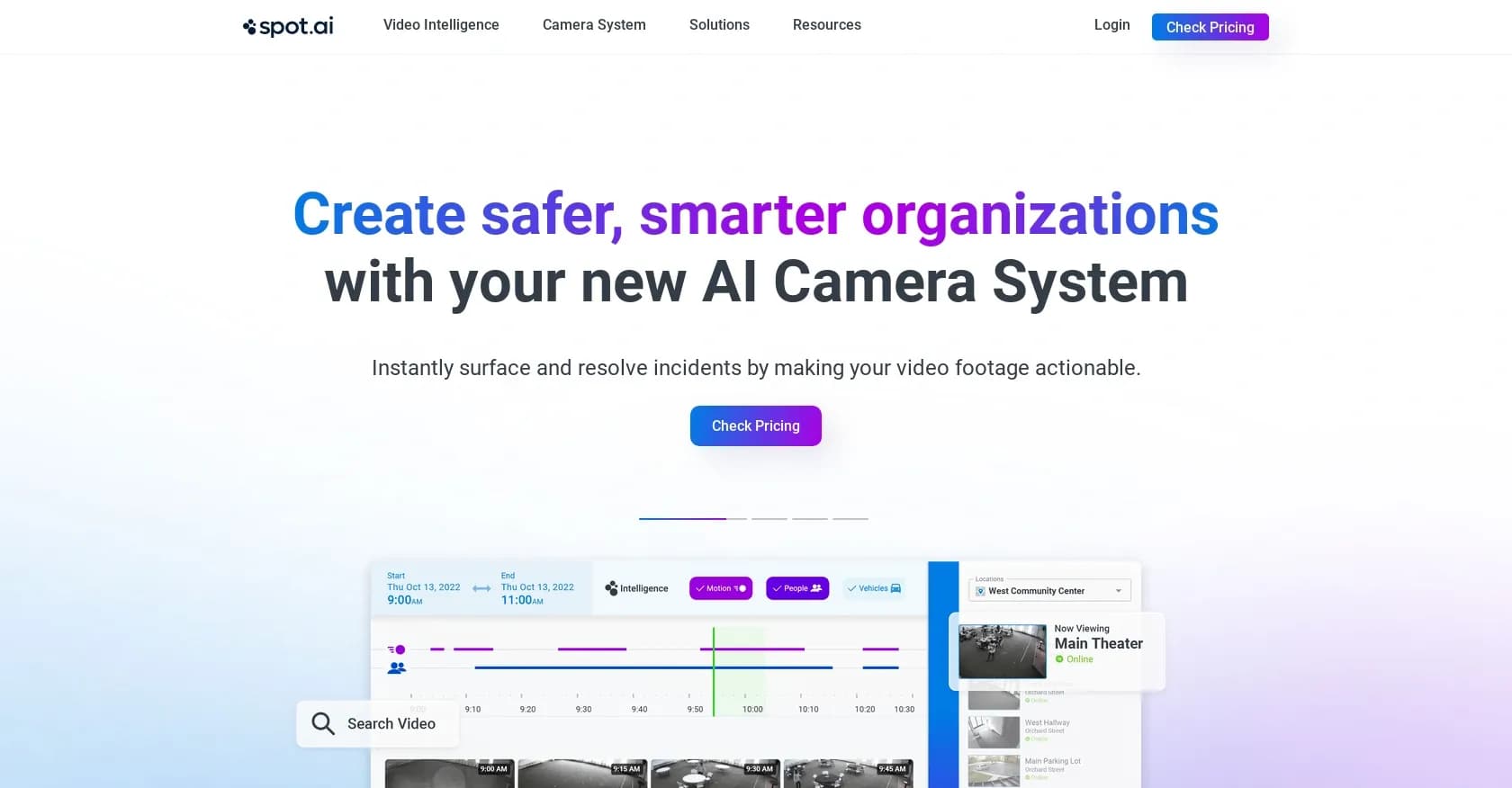SpotAI homepage screenshot — AI cameras for actionable video intelligence