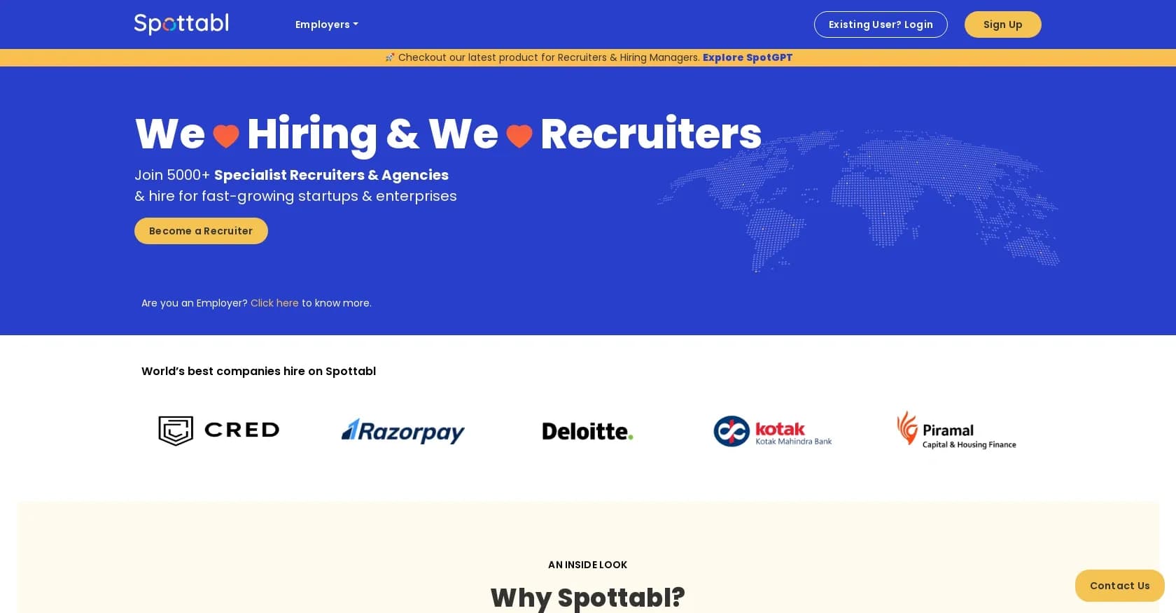 Spottabl homepage screenshot — Hire specialist recruiters on-demand for your job roles