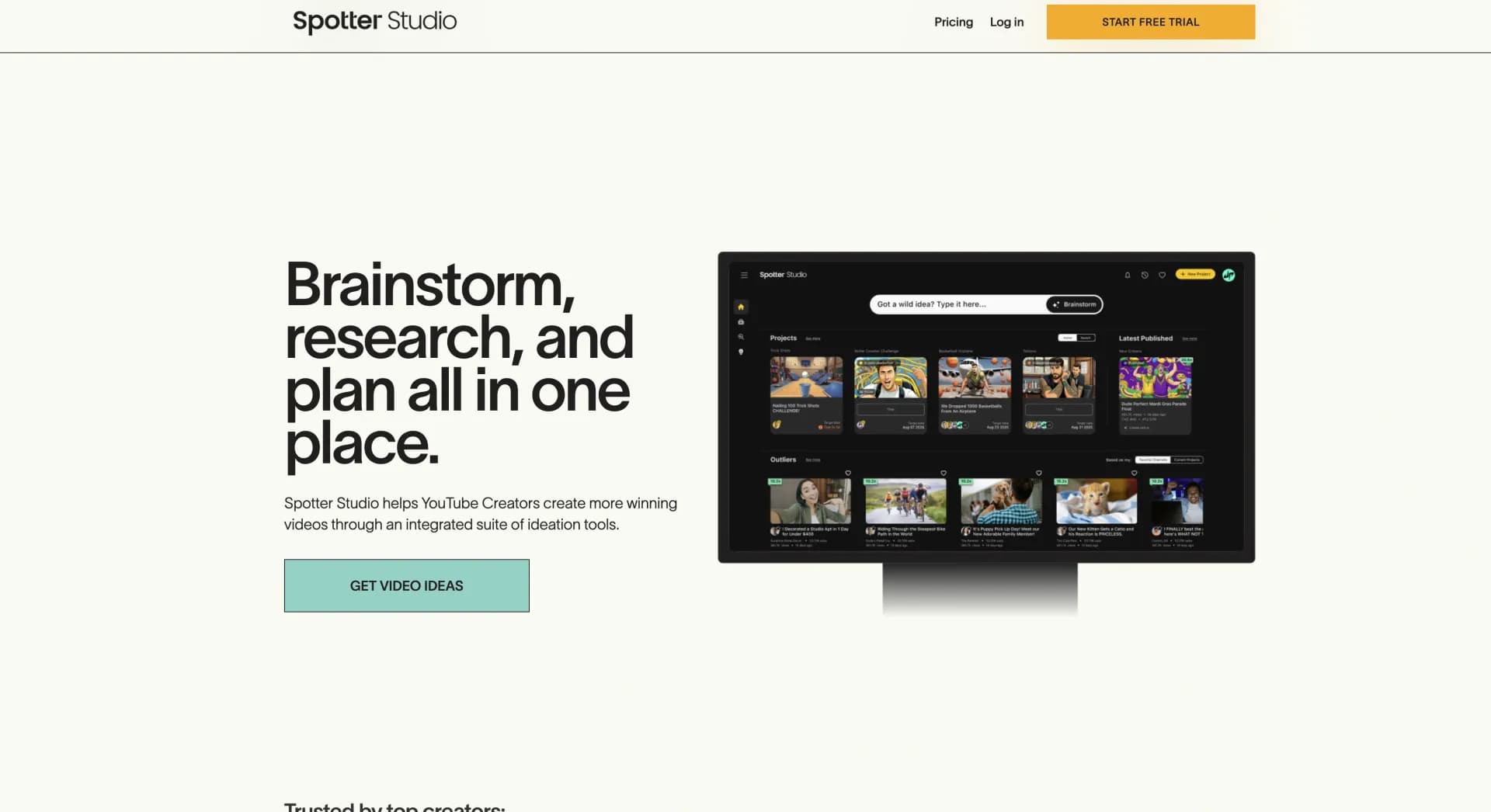 Spotter Studio homepage screenshot — Ignite YouTube success with all-in-one ideation.