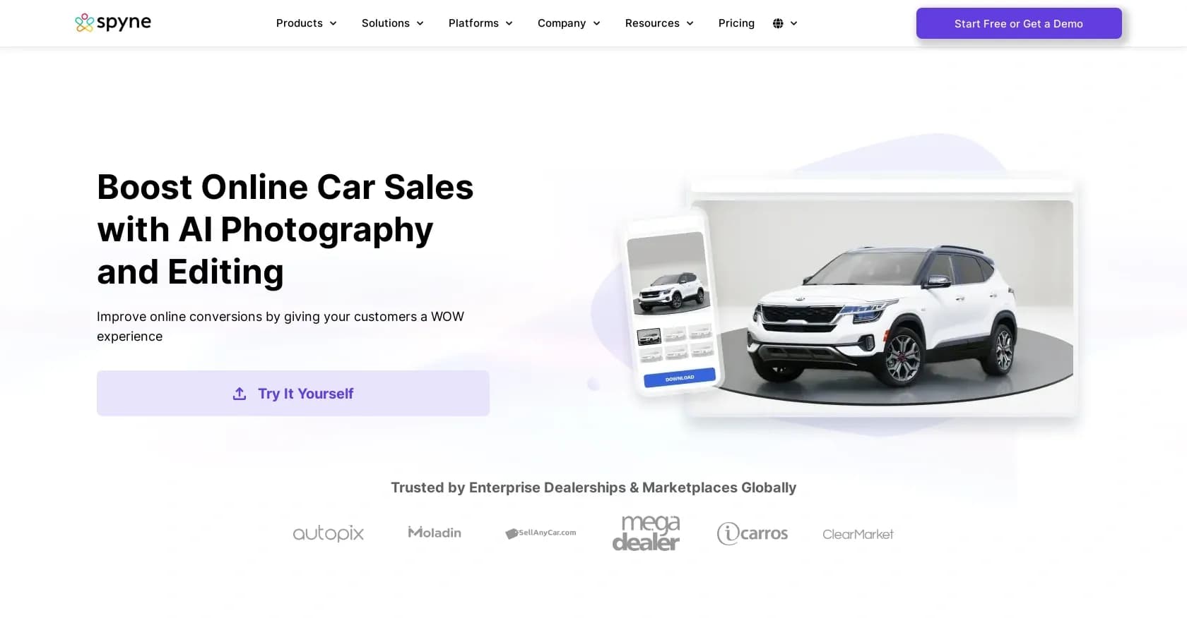 Spyne homepage screenshot — AI-powered car photography for dealerships and marketplaces