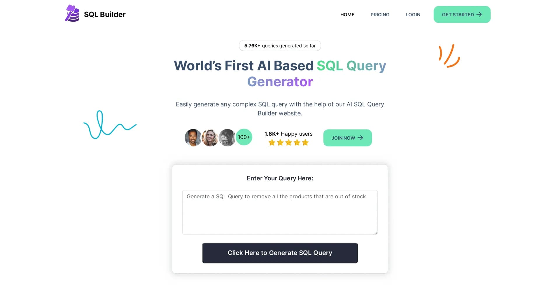 SQL Builder homepage screenshot — Generate complex SQL queries effortlessly with AI