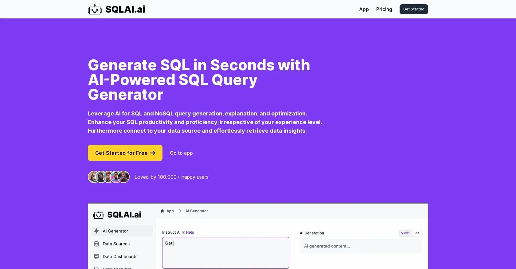 SQLAI homepage screenshot — Generate, optimize & fix SQL queries in seconds with AI
