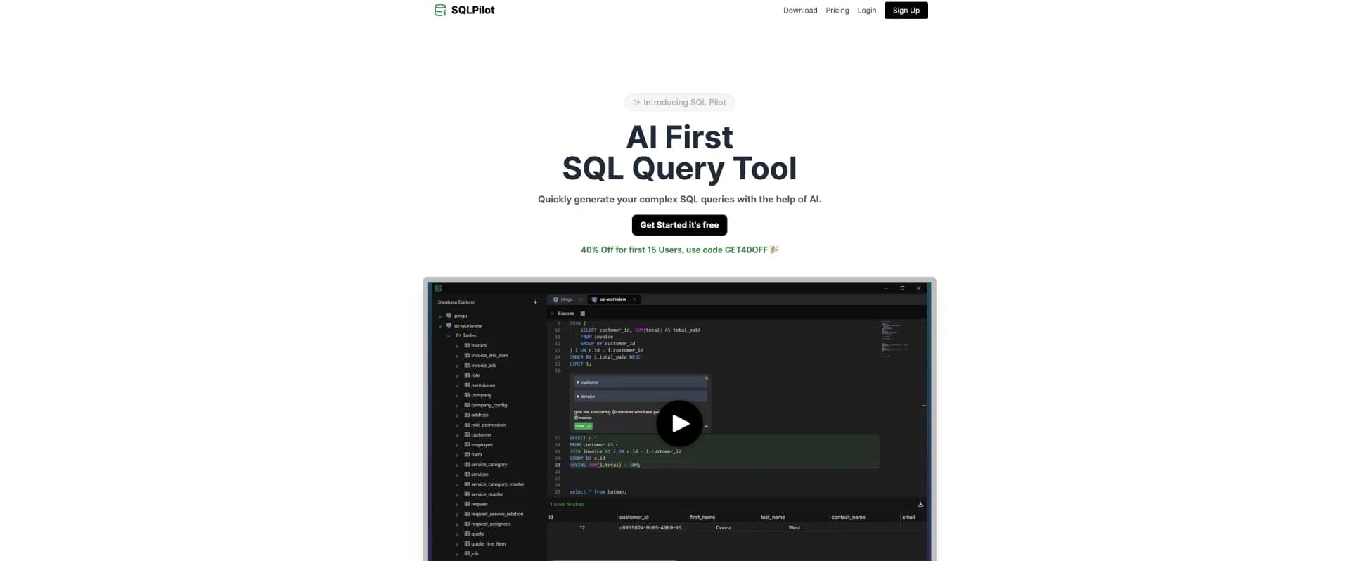 SQLPilot homepage screenshot — Quickly generate your complex SQL queries with the help of A
