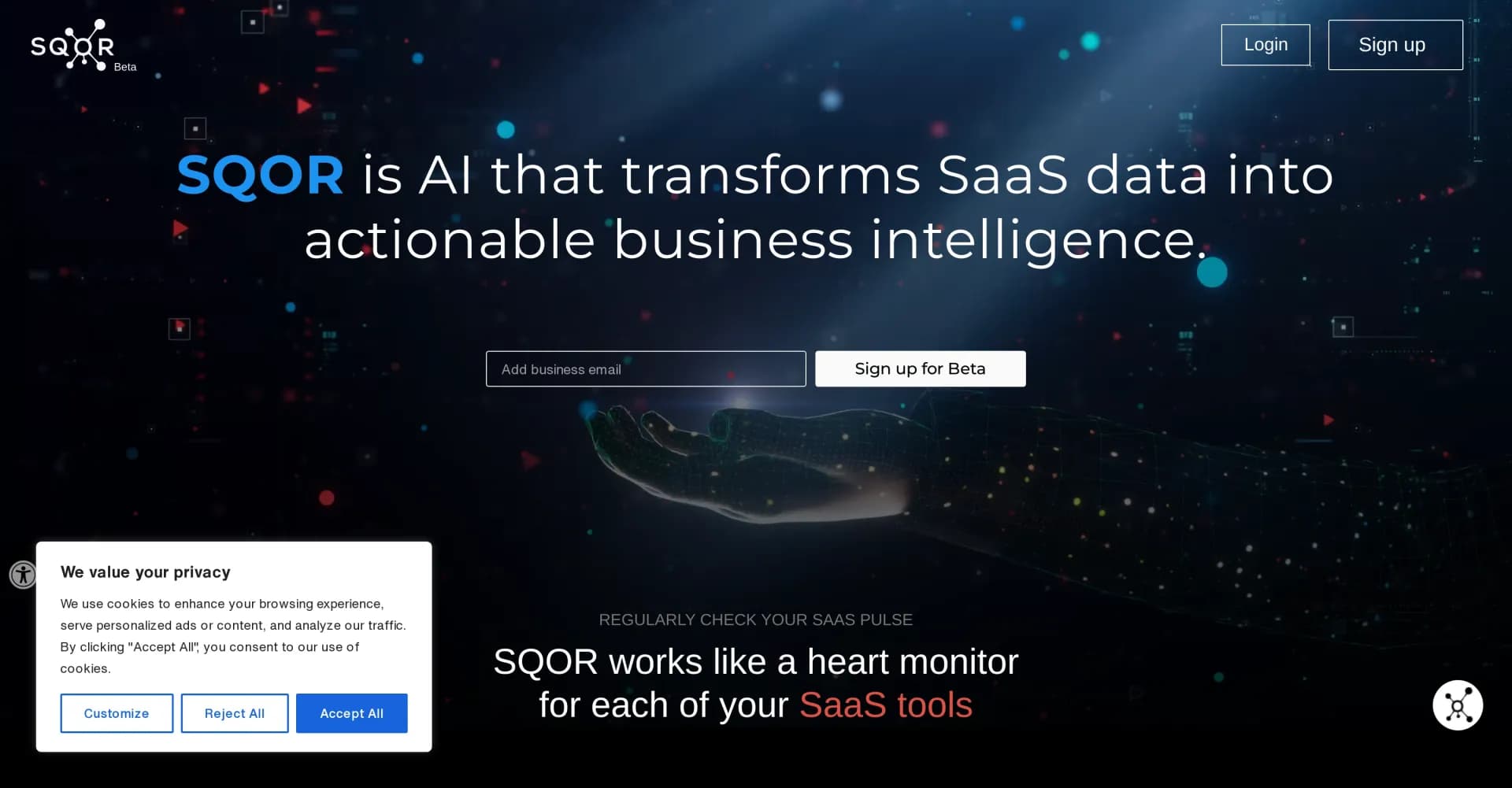 SQOR homepage screenshot — AI that turns SaaS data into actionable intelligence.