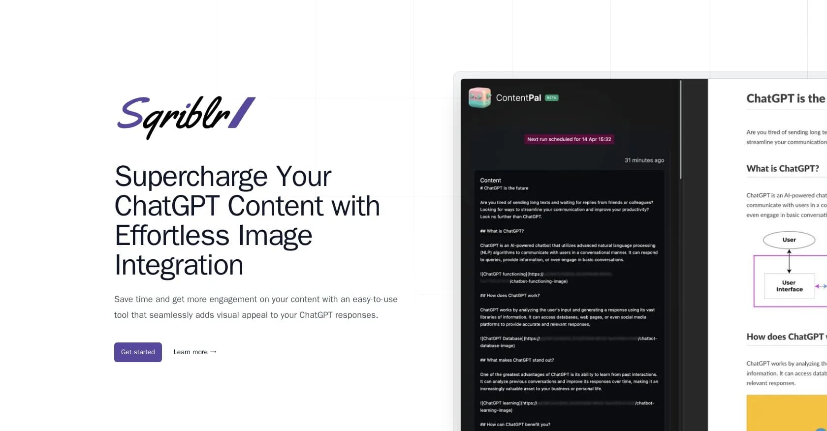 Sqriblr homepage screenshot — Supercharge ChatGPT content with effortless visuals.