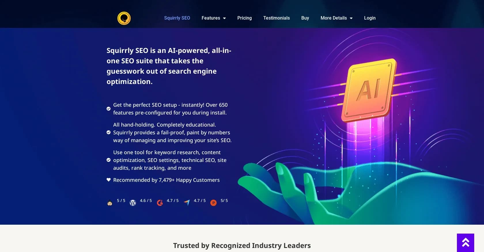 Squirrly SEO homepage screenshot — AI-powered SEO suite for effortless WordPress optimization