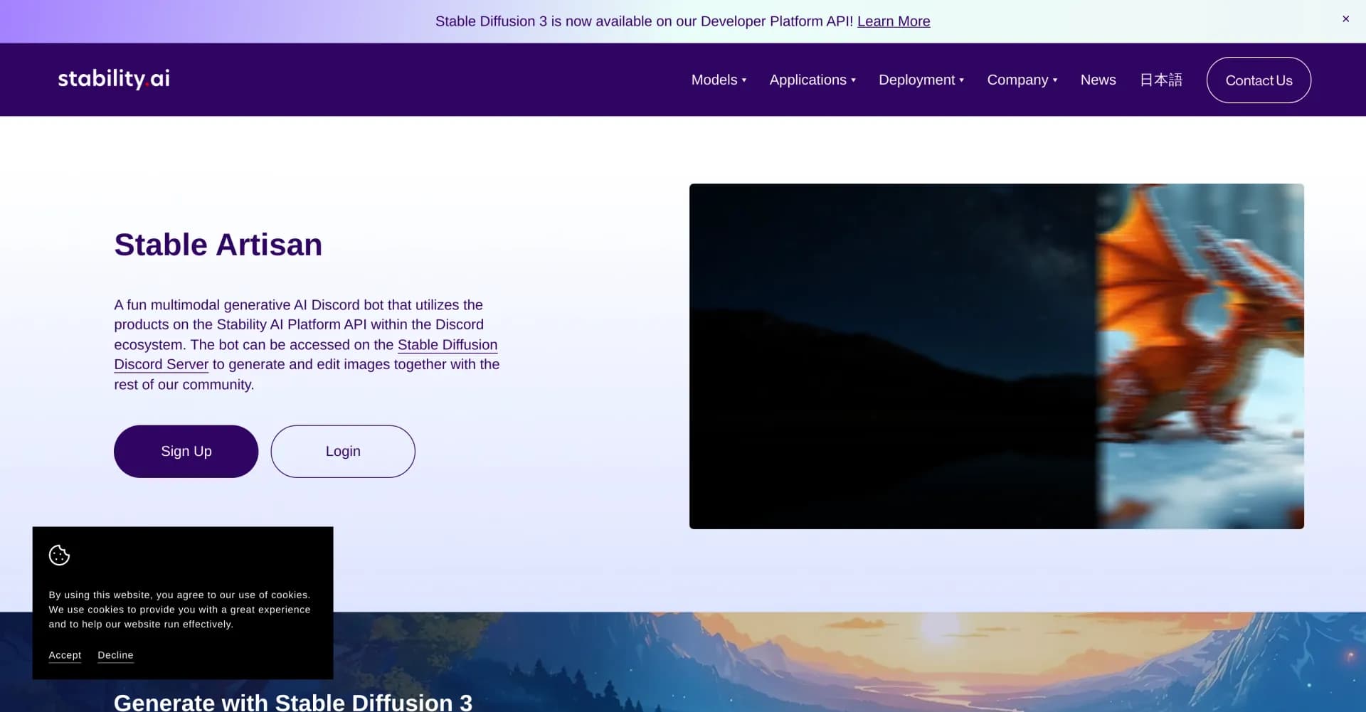 Stable Artisan homepage screenshot — Create AI art and more on Discord