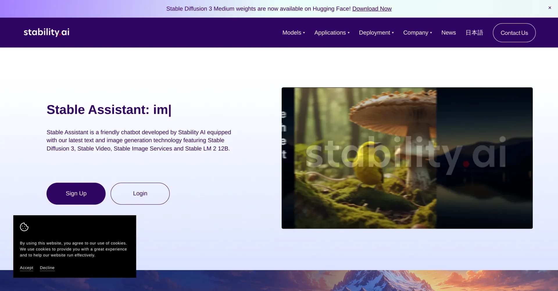 Stable Assistant homepage screenshot — Your friendly AI chatbot with text and image generation