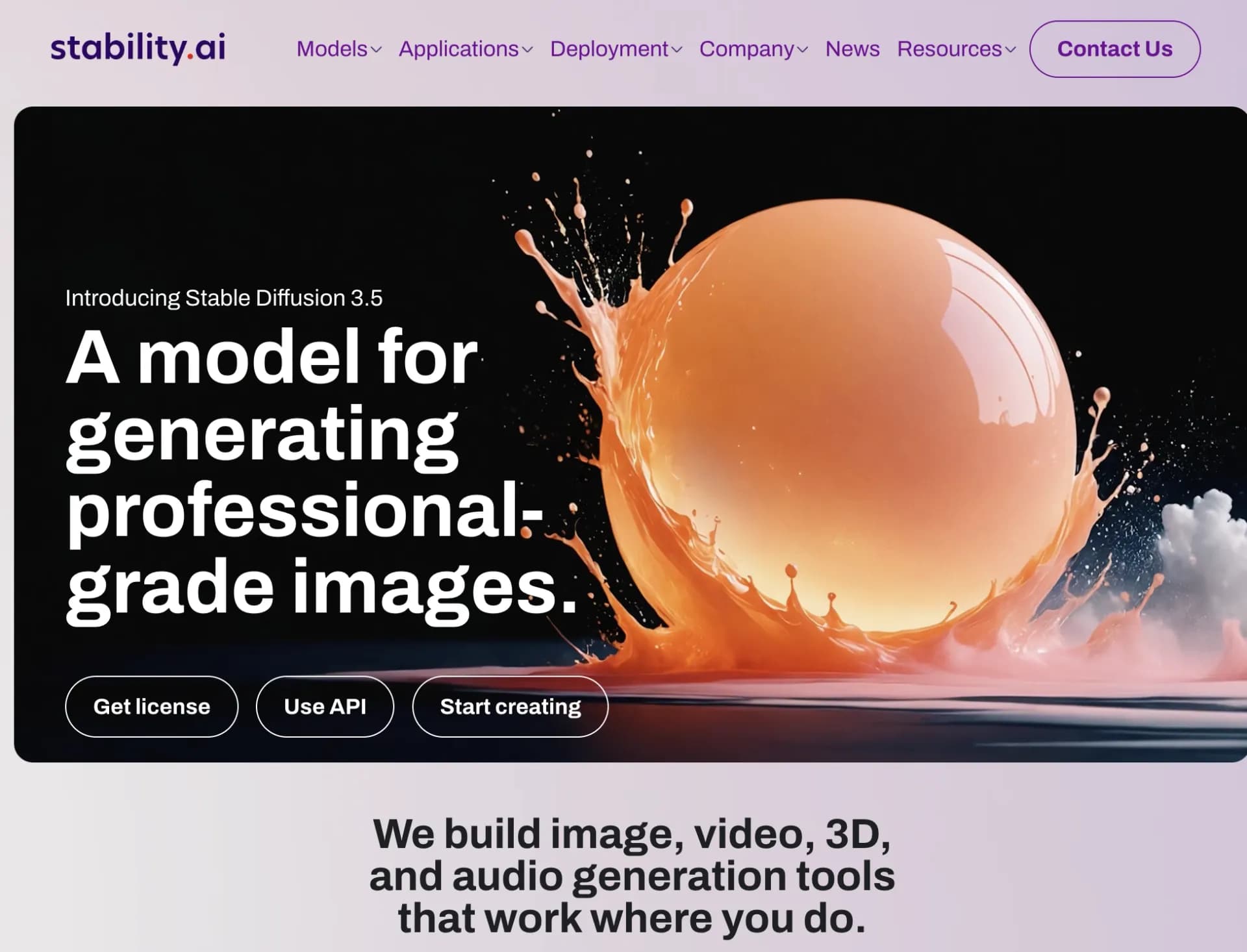 Stable Diffusionv3.5 homepage screenshot — Unleash humanity's potential with generative AI