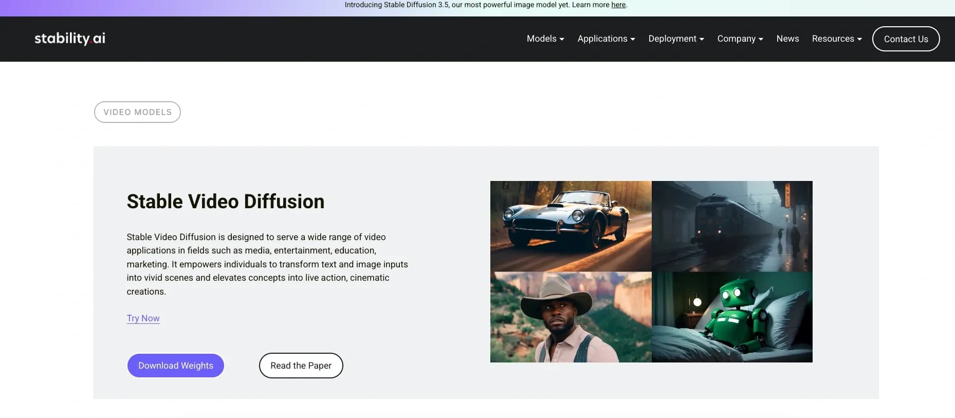 Stable Video Diffusionv1.1 homepage screenshot — Amplify human intelligence with open-source AI models