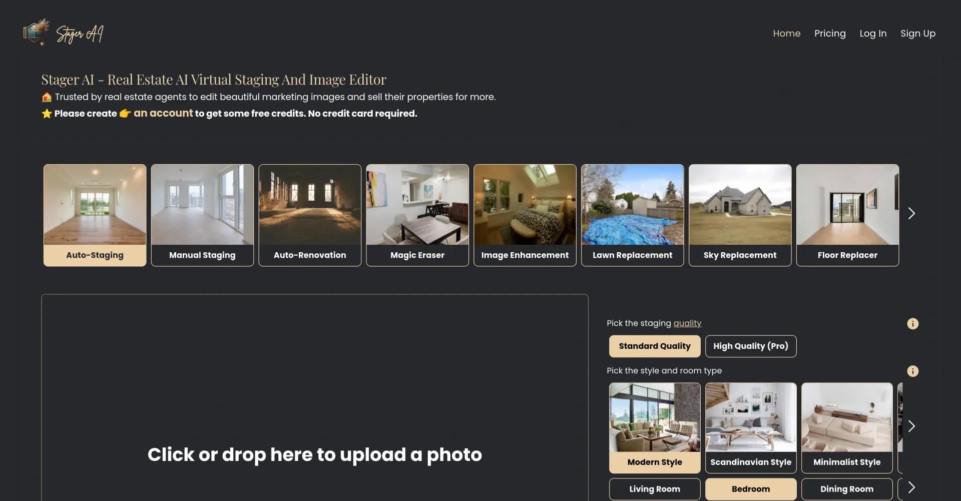 Stager AI homepage screenshot — One-click AI virtual staging for real estate photos