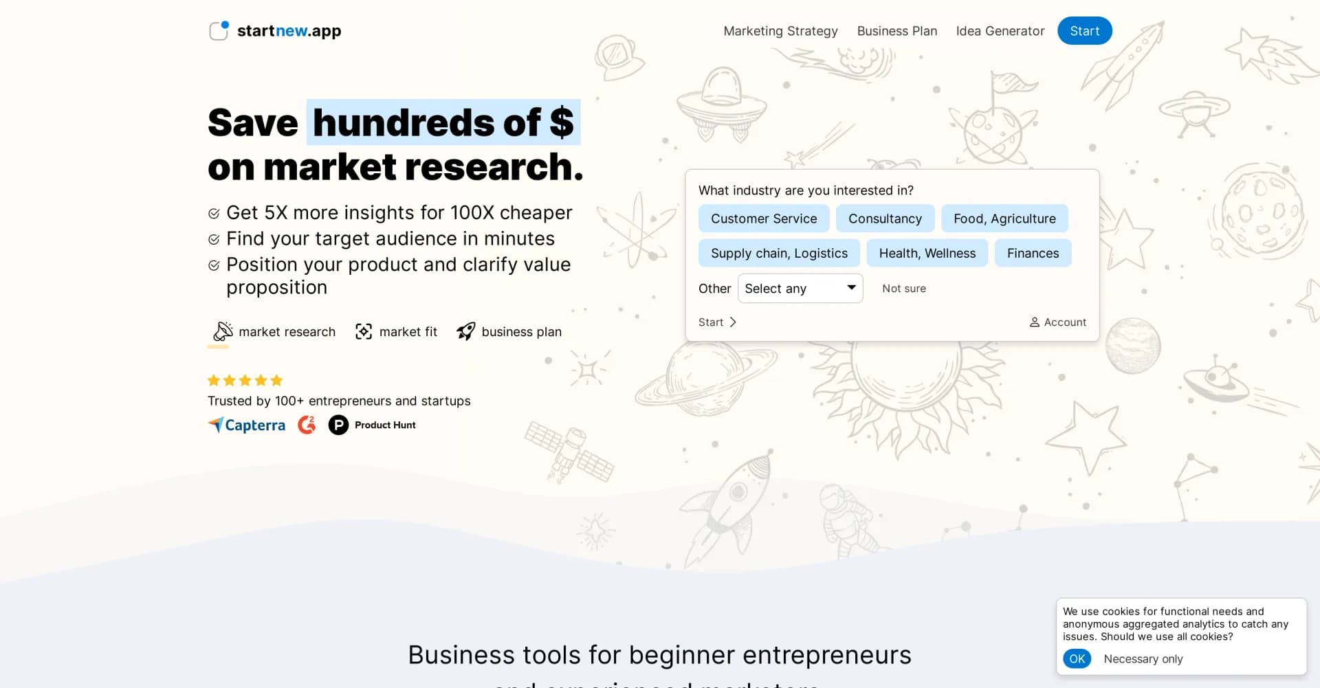 StartNew homepage screenshot — AI-powered marketing strategy and business planning in minut